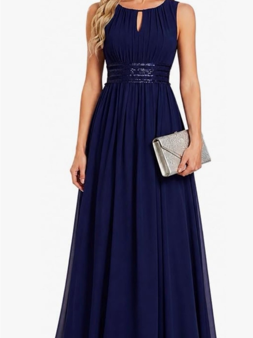 Amazon Navy Sleeveless Chiffon Prom Gown with Sequin Waistband